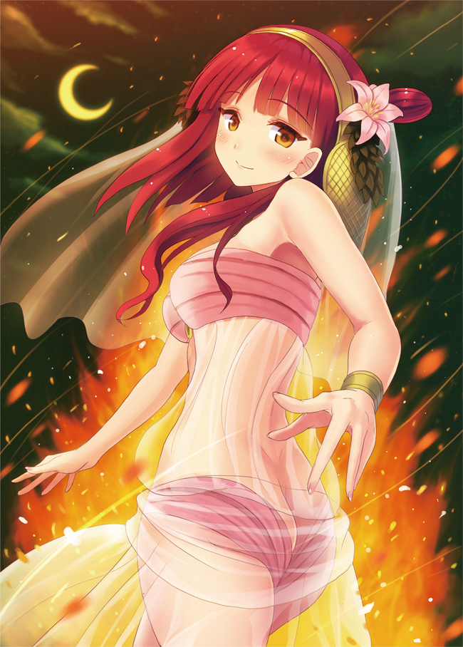 bare_shoulders blush breasts butt_crack crescent_moon fire flower hair_flower hair_ornament kichiroku long_hair looking_at_viewer magi_the_labyrinth_of_magic moon morgiana red_eyes red_hair redhead see-through smile solo