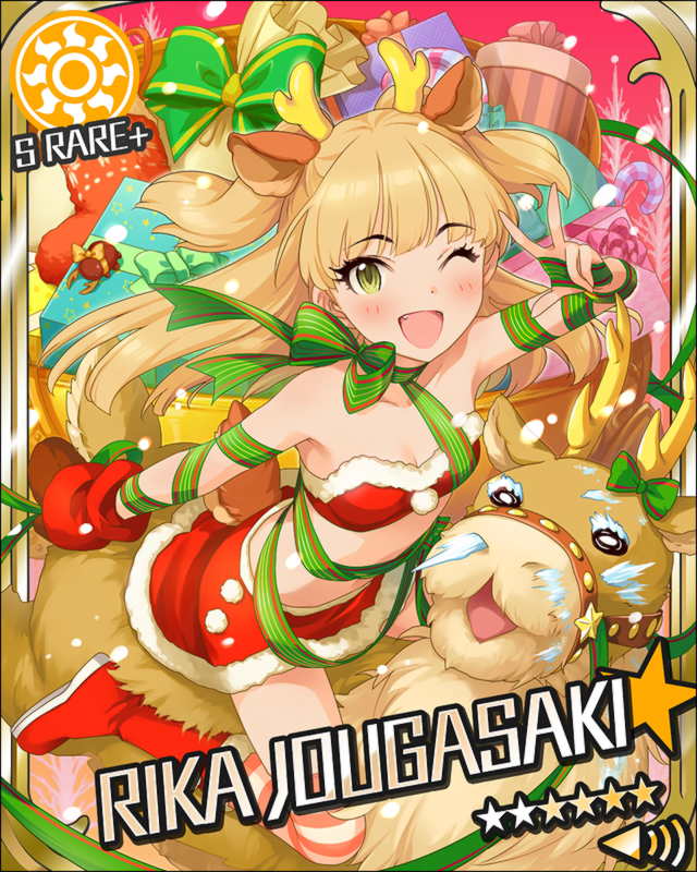 animal animal_ears bandeau blush bow box character_name christmas fake_animal_ears fake_tail fangs from_above gift gift_box gloves green_eyes idolmaster idolmaster_cinderella_girls jougasaki_rika jpeg_artifacts light_brown_hair long_hair looking_at_viewer looking_up midriff official_art open_mouth paw_gloves reindeer reindeer_ears riding santa_boots santa_costume sleigh smile snow solo straddle striped striped_legwear sun_(symbol) tail thigh-highs thighhighs two_side_up v wink