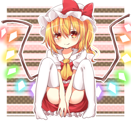 ascot blonde_hair blush covering covering_crotch flandre_scarlet hat hat_ribbon looking_at_viewer lowres puffy_sleeves red_eyes ribbon short_hair short_sleeves side_ponytail sitting smile solo spread_legs thigh-highs thighhighs touhou upskirt white_legwear wings yuria_(kittyluv) zettai_ryouiki