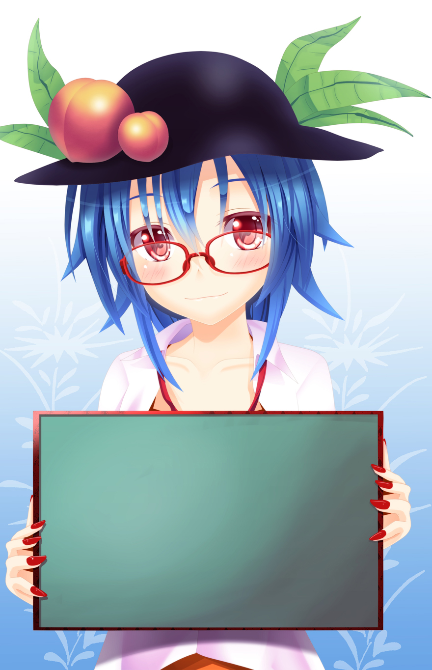 bespectacled blue_hair blush collarbone food fruit ghost_okada glasses hat highres hinanawi_tenshi holding long_hair looking_at_viewer nail_polish peach red_eyes shirt smile solo touhou