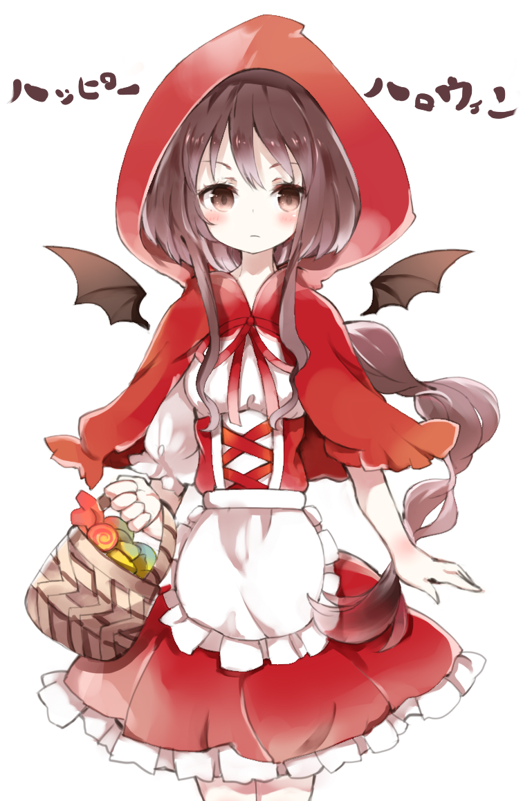akaki_aoki basket blush brown_eyes brown_hair cloak dress happy_halloween hood little_red_riding_hood little_red_riding_hood_(grimm) long_hair looking_at_viewer simple_background solo translated translation_request white_background wings
