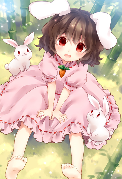 :d animal_ears barefoot black_hair blush brown_hair bunny bunny_ears carrot child dress inaba_tewi looking_at_viewer open_mouth rabbit rabbit_ears red_eyes short_hair sitting smile soles solo toes torii_sumi touhou