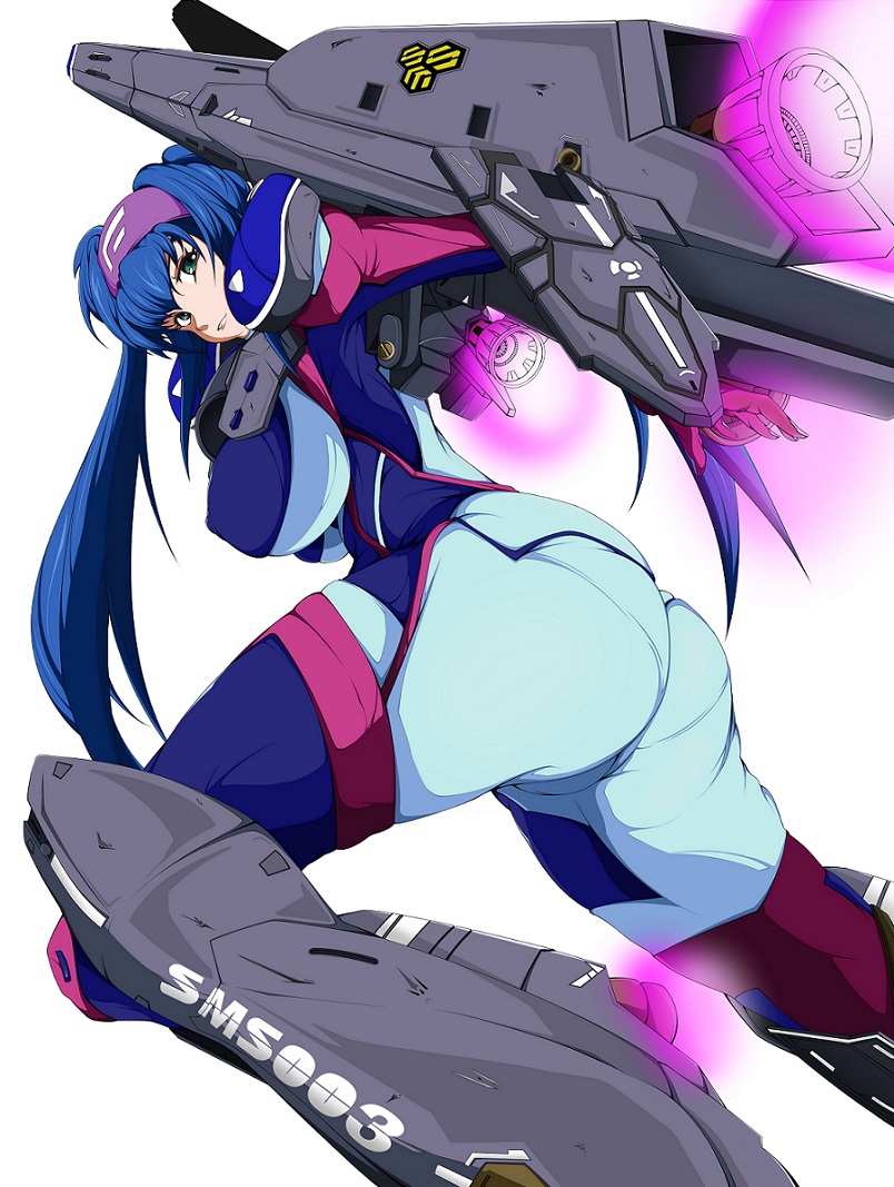 armor ass bandana blue_hair breasts dutch_angle eyebrows flying giantess green_eyes jetpack klan_klein long_hair looking_at_viewer macross macross_frontier mecha_musume meltrandi pilot_suit rocket_launcher s.m.s. science_fiction shield spoilers super_pack very_long_hair vf-25 weapon zentradi