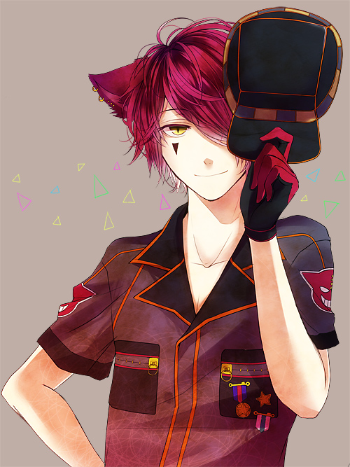 baa_lamb badge boris_airay cat_ears catboy gloves hair_over_one_eye hat heart_no_kuni_no_alice jewelry piercing pink_hair short_hair smile solo tattoo yellow_eyes