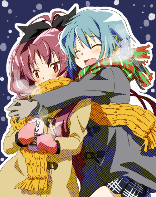 alternate_costume blue_hair blush bow closed_eyes coat covered_mouth eyes_closed gloves hair_ribbon hug hug_from_behind leaning_on_person long_hair long_sleeves mahou_shoujo_madoka_magica mesushirindaa miki_sayaka multiple_girls red_eyes red_hair redhead ribbon sakura_kyouko scarf short_hair smile winter_clothes