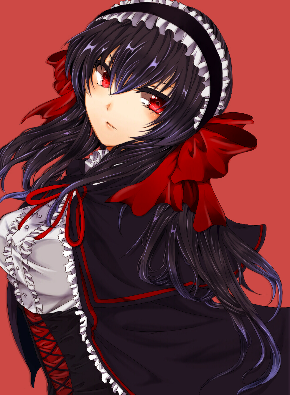 april_(coyote_ragtime_show) black_hair breasts capelet coyote_ragtime_show dress frown gothic_lolita hair_ribbon highres lolita_fashion lolita_hairband long_hair masuoka red_eyes ribbon solo