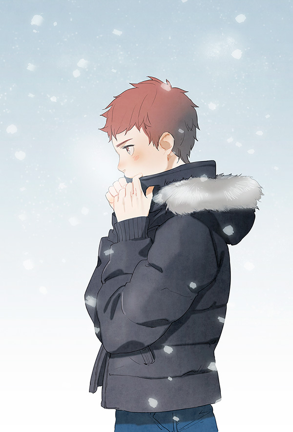 blush brown_eyes brown_hair coat emiya_shirou fate/stay_night fate_(series) red_hair redhead snowing solo tam_(cuq) winter_clothes