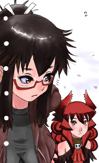 ... age_regression black_hair blush_stickers child demon_girl elbow_gloves freckles from_above glasses gloves hand_holding holding_hands hoodie horns long_hair looking_down maou_beluzel multiple_girls original ponytail red-framed_glasses red_eyes red_hair redhead semi-rimless_glasses snot wattman wavy_hair yonezawa_natsumi yuusha_to_maou