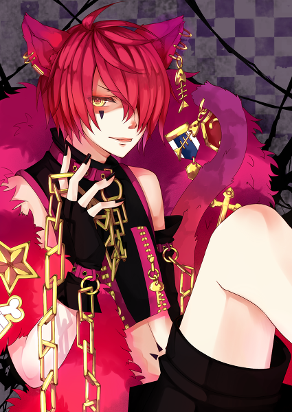 1boy animal_ears badge black_nails boris_airay cat_ears catboy chain chains collar feather_boa gloves hair_over_one_eye heart_no_kuni_no_alice jewelry piercing pink_hair short_hair tail tattoo yellow_eyes