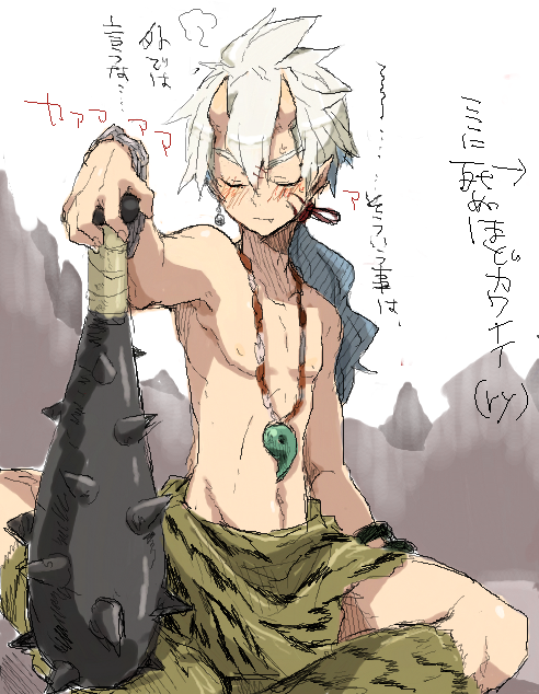 closed_eyes club eyes_closed hakuryuu_(inazuma_eleven) inazuma_eleven_(series) inazuma_eleven_go jewelry kanabou long_hair magatama male multicolored_hair navel necklace nipples oni pointy_ears red_eyes rococolove shirtless sitting solo topless translation_request two-tone_hair weapon