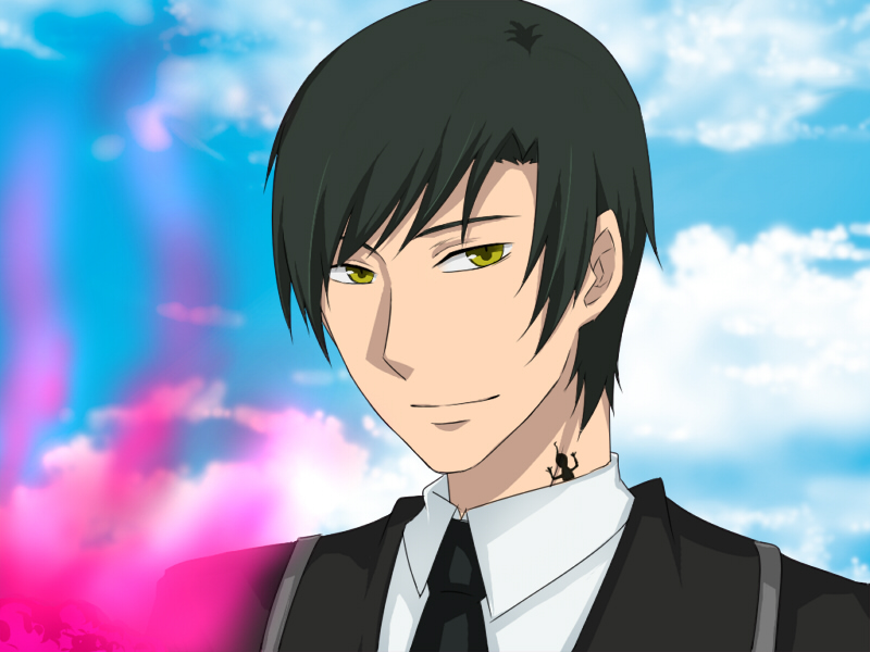 black_hair cloud clouds gray_ringmarc heart_no_kuni_no_alice looking_at_viewer necktie purple_flame short_hair sky smile solo tattoo yellow_eyes