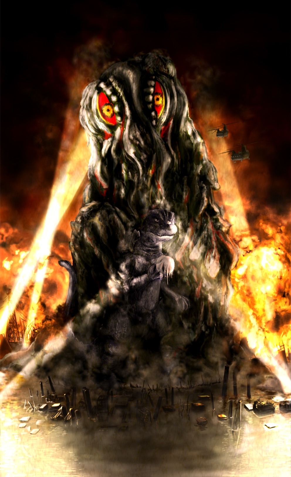 destruction fire godzilla godzilla_(series) hedorah helicopter highres hipy_(image_oubliees) kaijuu partially_submerged size_difference smoke spotlight