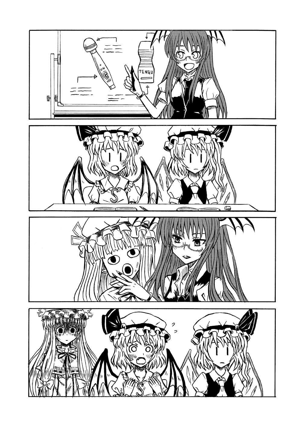 :d :o artist_request ascot bat_wings blush bow comic embarrassed fang flandre_scarlet flying_sweatdrops gesu02 glasses hair_bow hat head_wings highres hitachi_magic_wand koakuma lips long_hair monochrome necktie o_o open_mouth patchouli_knowledge remilia_scarlet sex_ed shaded_face short_hair side_ponytail silent_comic smile tenga touhou wings |_|