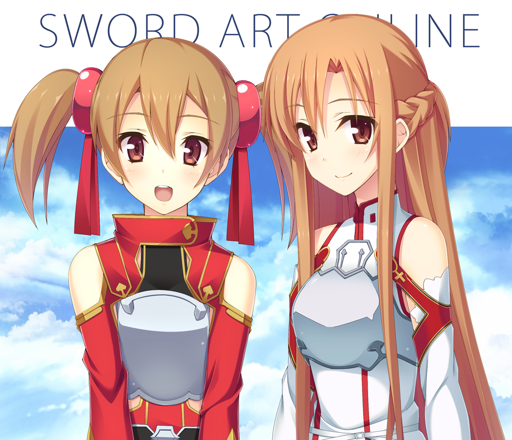 asuna_(sao) brown_eyes brown_hair cloud clouds ihara_asta long_hair looking_at_viewer multiple_girls open_mouth short_hair silica sky smile sword_art_online title_drop twintails