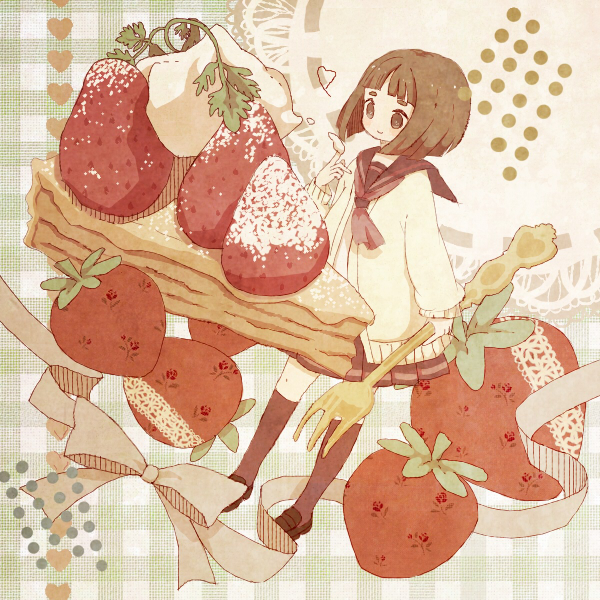 bob_cut bow brown_eyes brown_hair cream food fork fruit haryuu osanai_yuki ribbon school_uniform serafuku shoushimin_series solo strawberry strawberry_tart