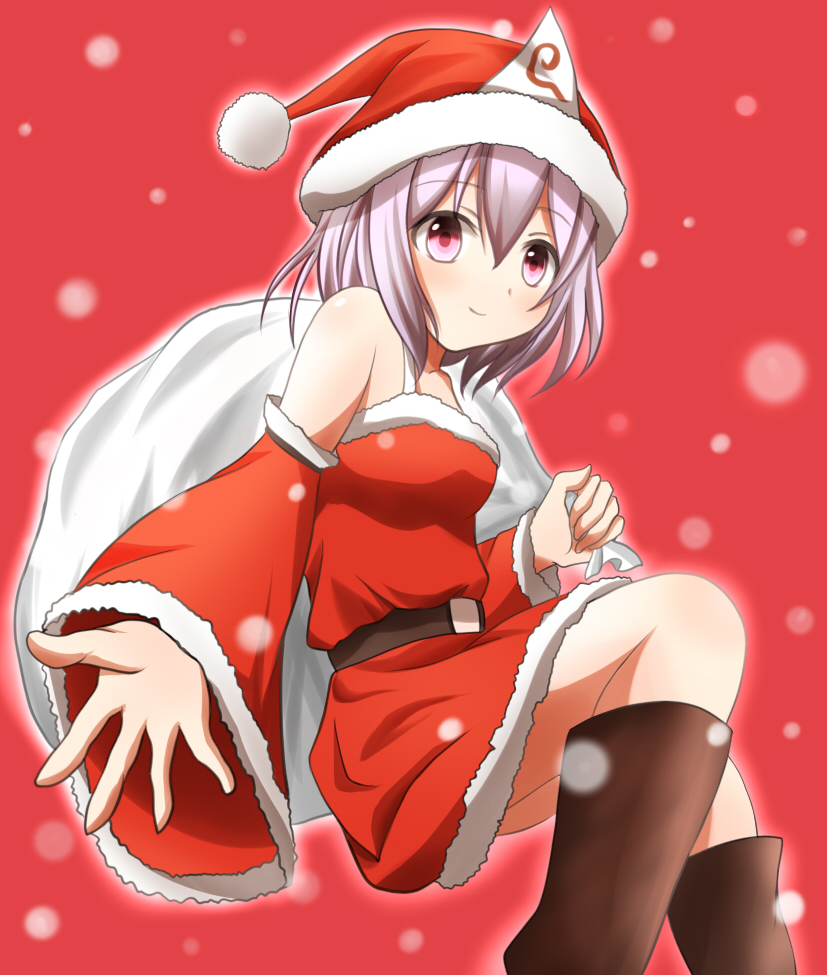 bag bare_shoulders belt boots christmas detached_sleeves kuroganeruto leg_up light_particles looking_at_viewer open_hand outstretched_arm pink_eyes pink_hair red_background sack saigyouji_yuyuko santa_costume short_hair solo touhou triangular_headpiece wide_sleeves