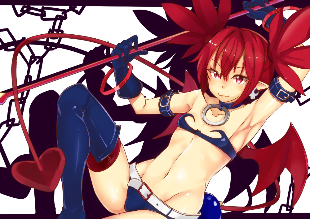 :3 armpits bat_wings belt boots choker demon_girl demon_tail disgaea earrings etna flat_chest gloves jewelry looking_at_viewer makai_penguin pointy_ears polearm prinny red_eyes red_hair redhead short_hair slit_pupils spear tail thigh-highs thigh_boots thighhighs twintails weapon wings