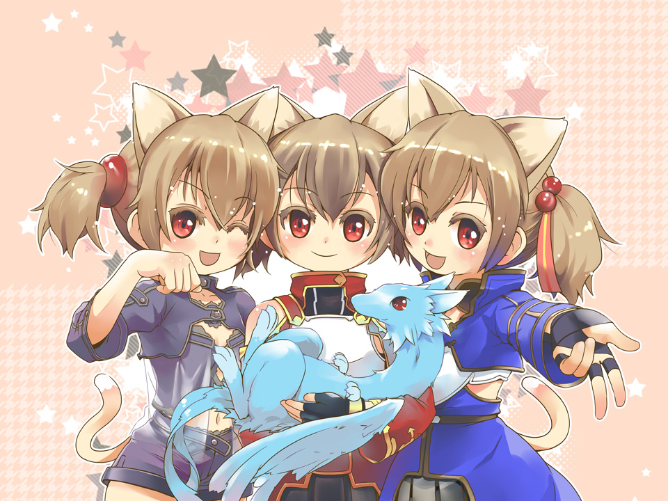 brown_hair cat_ears cat_tail dragon fingerless_gloves gloves multiple_persona pina_(sao) red_eyes rori_chuushin short_hair short_twintails silica silica_(sao-alo) sword_art_online tail twintails wink