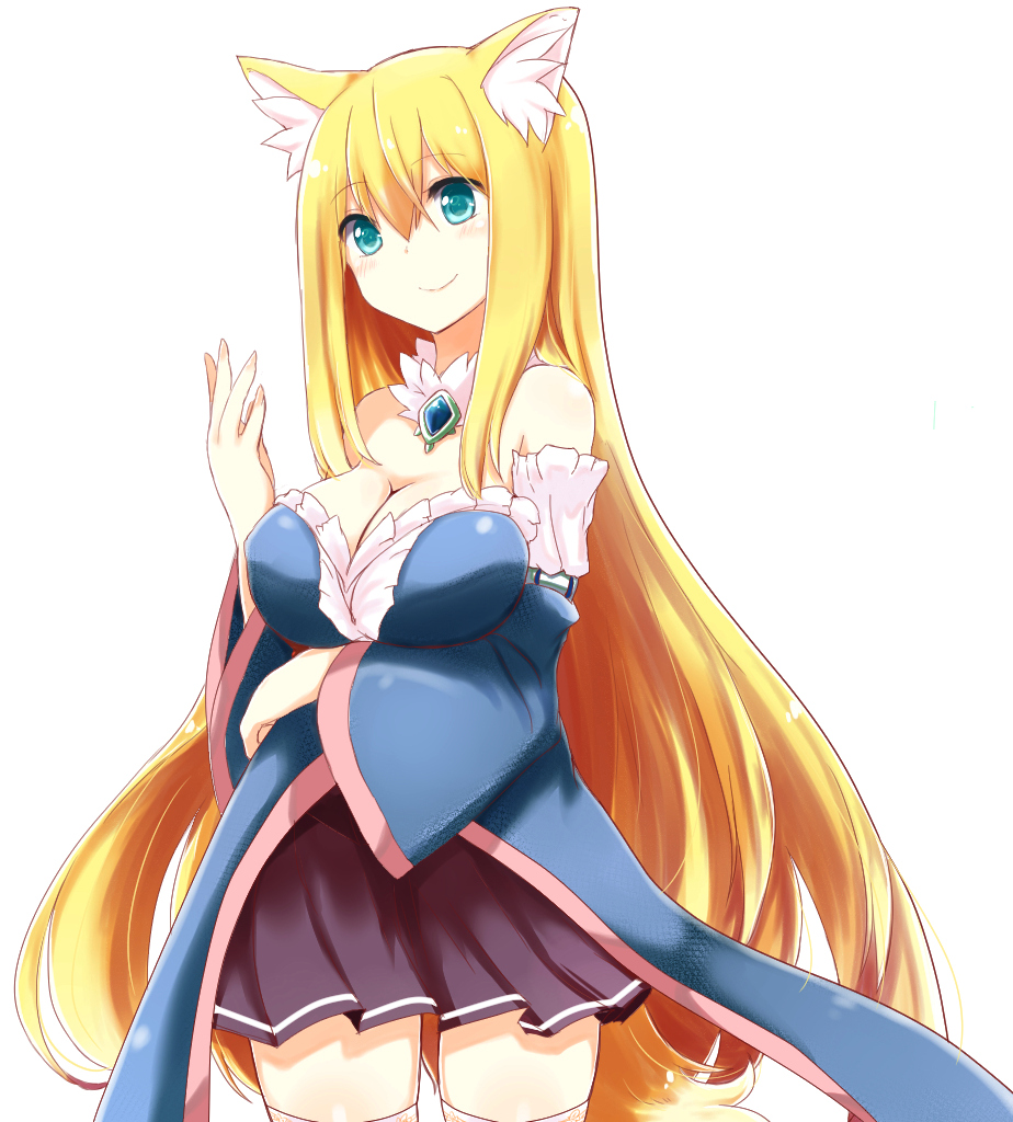 animal_ears aoi_(naomi) bare_shoulders big_breasts blonde_hair blue_eyes blush breasts cleavage detached_sleeves female fox_ears fox_tail hair large_breasts long_hair naomi_(sekai_no_hate_no_kissaten) original plain_background pleated_skirt skirt smile solo tail thigh-highs thigh_highs thighhighs very_long_hair white_background