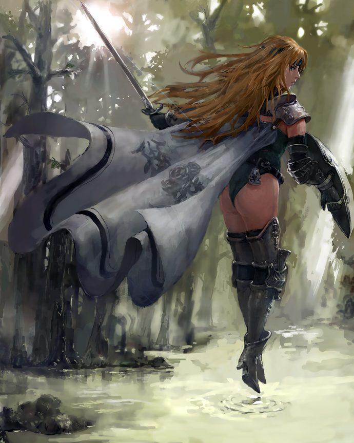 belt blonde_hair cape celes_chere elbow_pads final_fantasy final_fantasy_vi floating floral_print forest gauntlets gloves hairband iwanai_tomoeju knee_pads leg_armor light long_hair looking_back nature pauldrons rapier shield solo sword tree water weapon