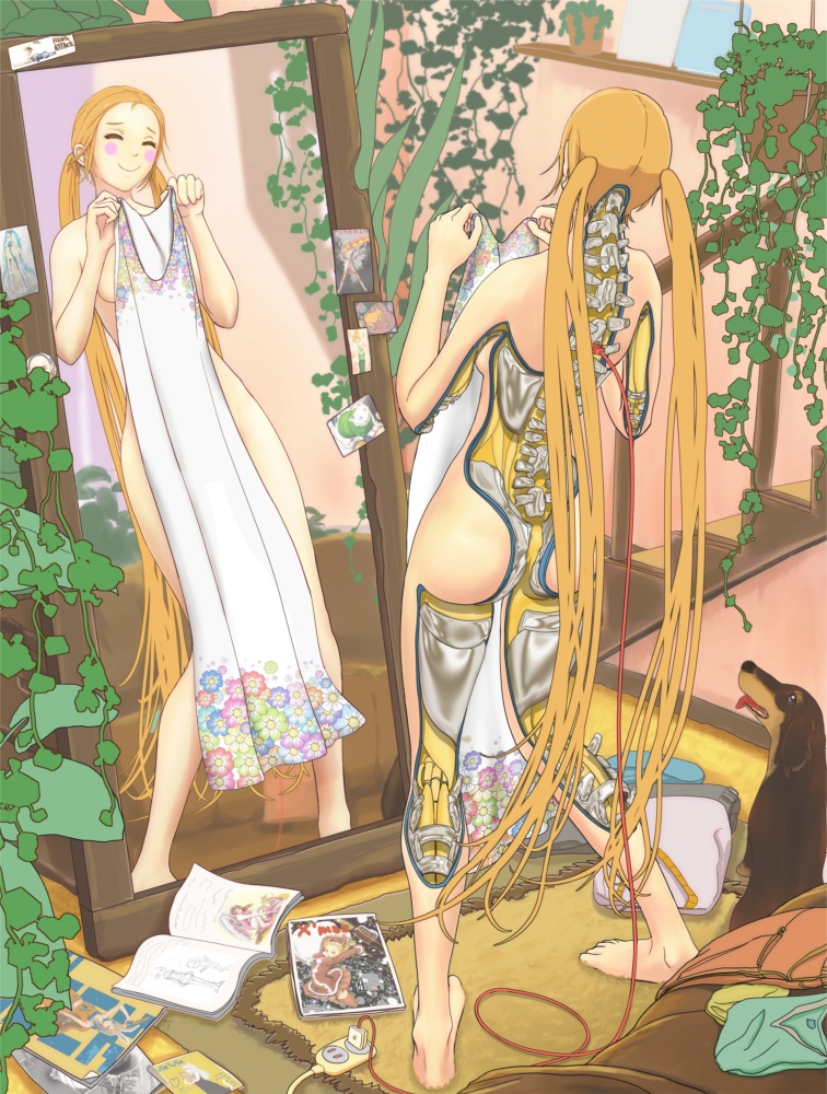 ^_^ android barefoot blonde_hair blush_stickers cable closed_eyes clothes_in_front dog electric_plug eyes_closed from_behind long_hair mirror nude original pandarou parts_exposed plant potted_plant reflection smile solo stairs twintails very_long_hair vines