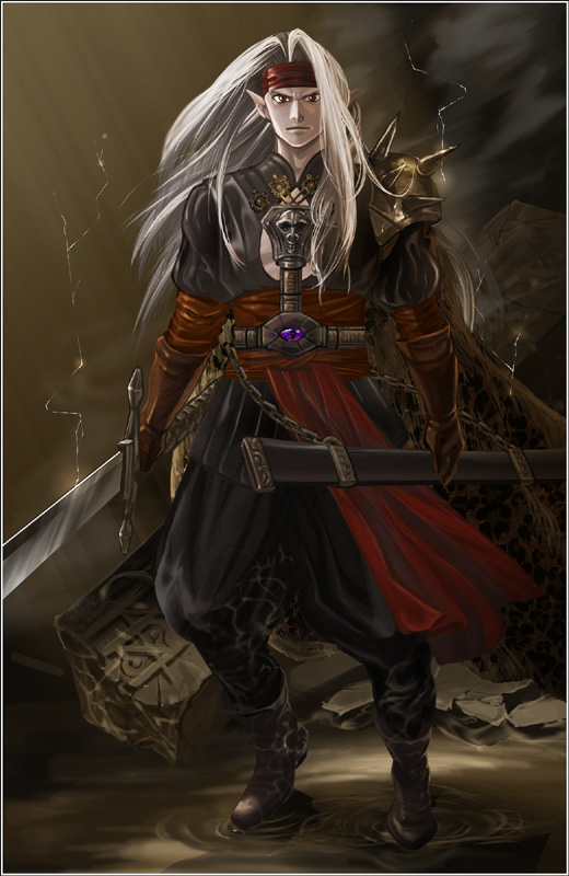 black_eyes boots cape chain chains dragon_quest dragon_quest_iv energy frame gloves hairband looking_at_viewer male pauldrons pisaro pointy_ears rubble serious sheath silver_hair skull solo spikes standing_on_water sword weapon