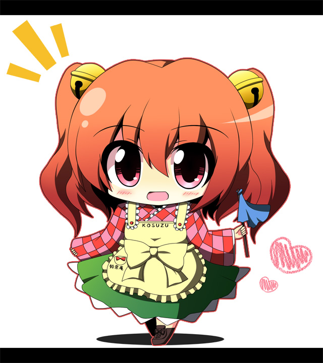 apron bell blush character_name checkered checkered_shirt chibi clothes_writing duster hair_bell hair_ornament hasewox heart jingle_bell long_sleeves looking_at_viewer motoori_kosuzu open_mouth red_eyes red_hair redhead short_hair simple_background smile solo touhou twintails white_background wide_sleeves