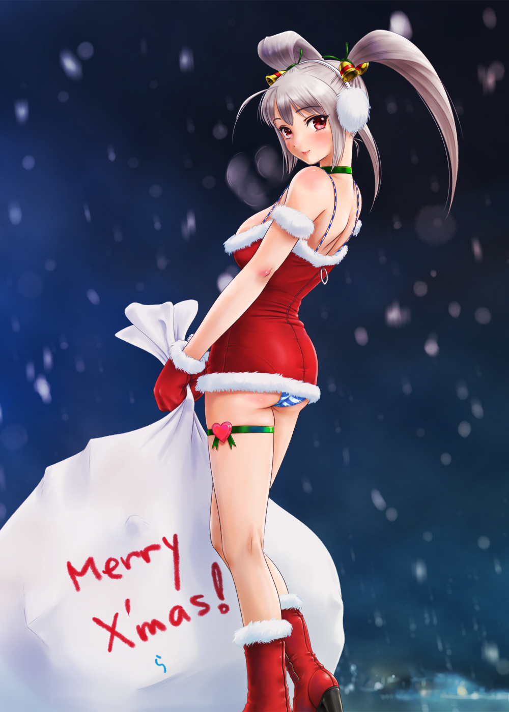 bare_shoulders boots breasts breath christmas cleavage earmuffs gloves highres long_hair looking_back night night_sky open_mouth original panties rasukaru red_eyes sack santa_costume silver_hair sky smile snow solo striped striped_panties thighband twintails underwear