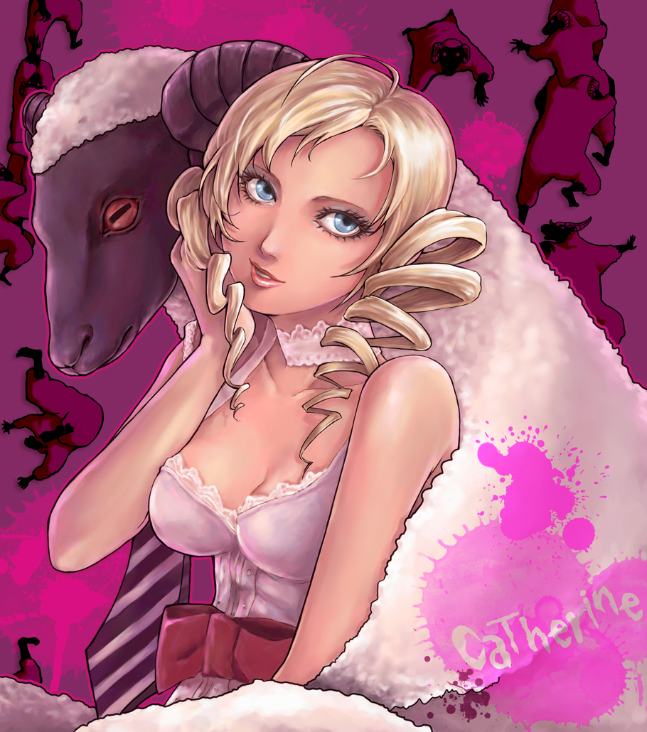 adjusting_hair ajaco_a animal bare_shoulders blonde_hair blue_eyes catherine catherine_(game) character_name choker drill_hair light_smile lips looking_away paint_splatter parted_lips pink_background sheep twintails