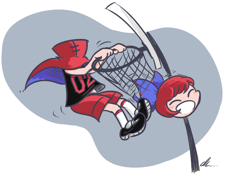 1girl alternate_costume basketball basketball_hoop basketball_uniform blue_background blush_stickers bow cape closed_eyes dunk hair_bow headless kneehighs leomodesto number open_mouth redhead sekibanki shoes simple_background sneakers solo sportswear touhou white_background