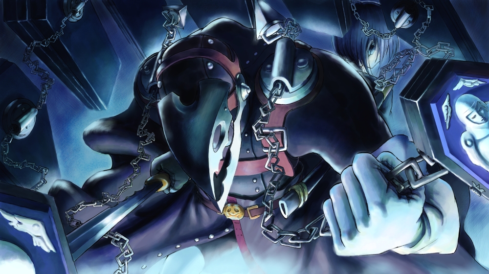 blue blue_hair chain chains from_behind gloves headphones male persona persona_3 ralfu short_hair sword thanatos weapon