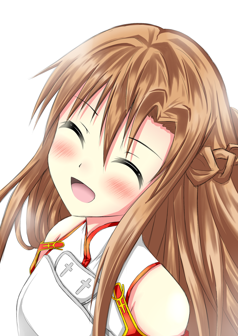 asuna_(sao) bare_shoulders blush brown_hair closed_eyes eyes_closed happy kagamihino long_hair open_mouth smile solo sword_art_online