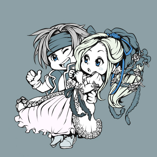 1girl alternate_costume azito7 blonde_hair blue_eyes boots bow carrying celes_chere chibi couple dress final_fantasy final_fantasy_vi flower frills gloves grey_hair hair_bow hair_flower hair_ornament hairband high_heels jacket lock_cole open_mouth ribbon rose shoes simple_background smile thumbs_up veil wedding_dress wink