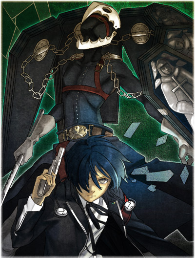 arisato_minato armband blue_eyes blue_hair chain chains digital_media_player evoker gun hair_over_one_eye headphones male ototoikiyagare persona persona_3 school_uniform short_hair solo sword thanatos weapon