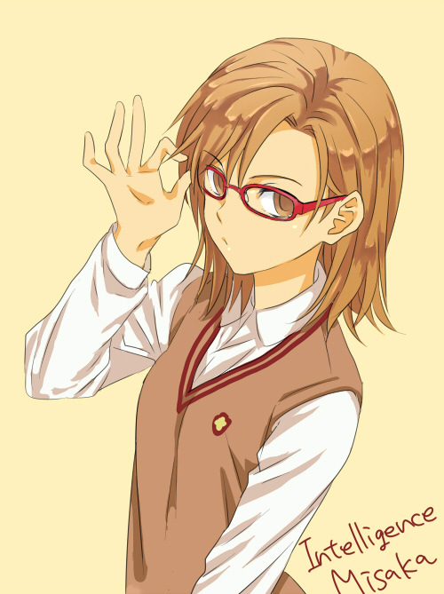 bespectacled brown_eyes brown_hair character_name glasses inoichi misaka_imouto red-framed_glasses school_uniform simple_background solo sweater_vest to_aru_majutsu_no_index yellow_background