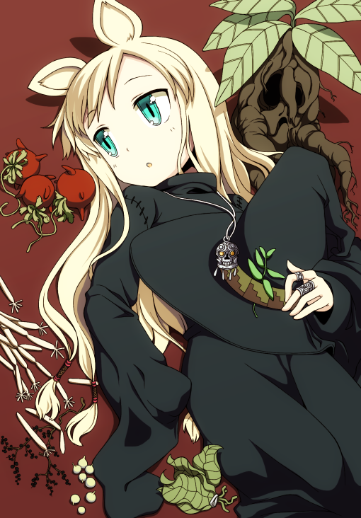 animal_ears aqua_eyes blonde_hair hair_tubes hat ikura_hato jewelry leaf long_hair lying mandragora necklace on_back original pendant plant ring robe shadow solo witch witch_hat