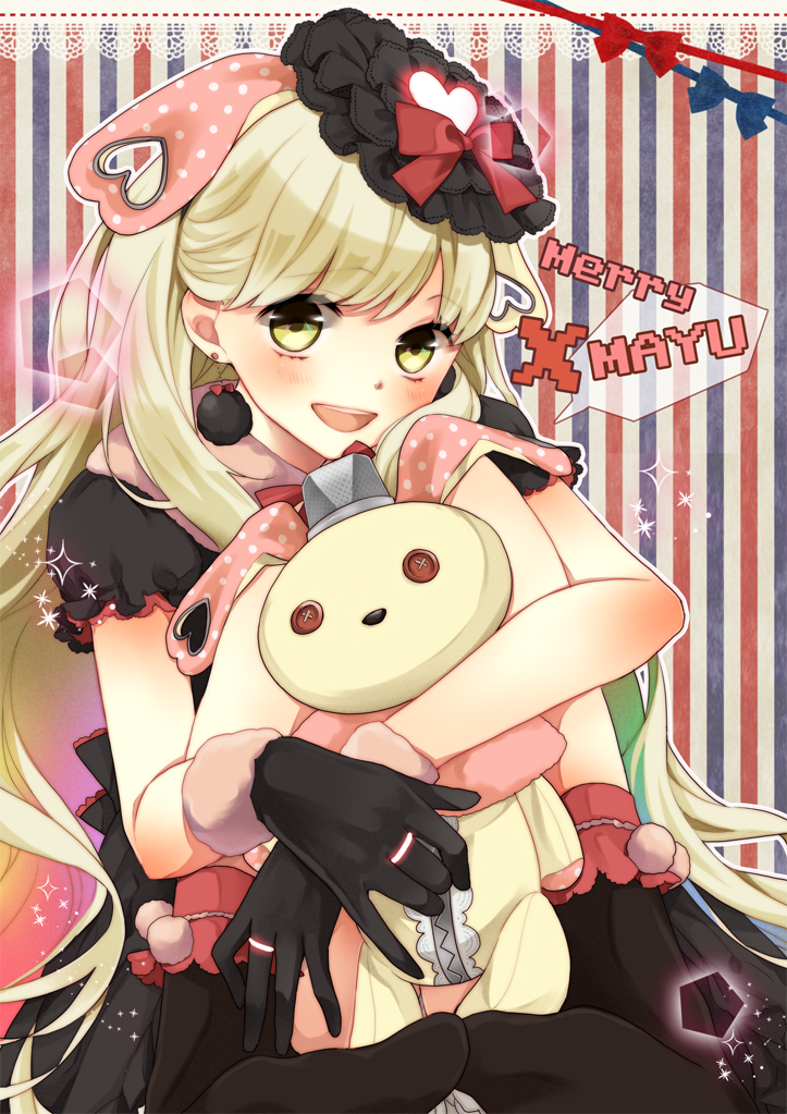 ami7 blonde_hair blush christmas doll dress gloves gothic_lolita hat heart jewelry lolita_fashion long_hair looking_at_viewer mayu_(vocaloid) ring smile solo stuffed_animal stuffed_toy vocaloid yellow_eyes
