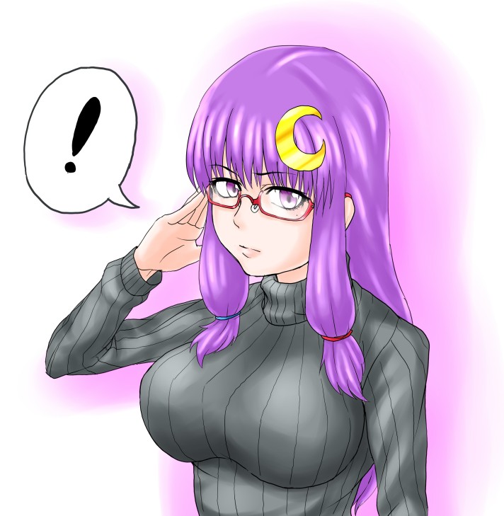 1girl adjusting_glasses anubis_(anubiszoe) breasts crescent glasses huge_breasts impossible_clothes impossible_sweater long_hair patchouli_knowledge payot purple_eyes purple_hair red-framed_glasses ribbed_sweater semi-rimless_glasses solo sweater touhou turtleneck violet_eyes