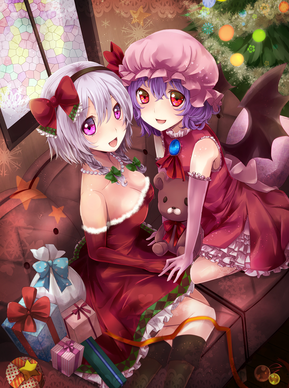 bare_shoulders bat_wings braid breasts cleavage couch gift hairband hat highres izayoi_sakuya multiple_girls open_mouth pearl_necklace purple_eyes purple_hair red_eyes remilia_scarlet ribbon sakura_ran santa_costume short_hair silver_hair smile stained_glass stuffed_animal stuffed_toy teddy_bear touhou twin_braids wings