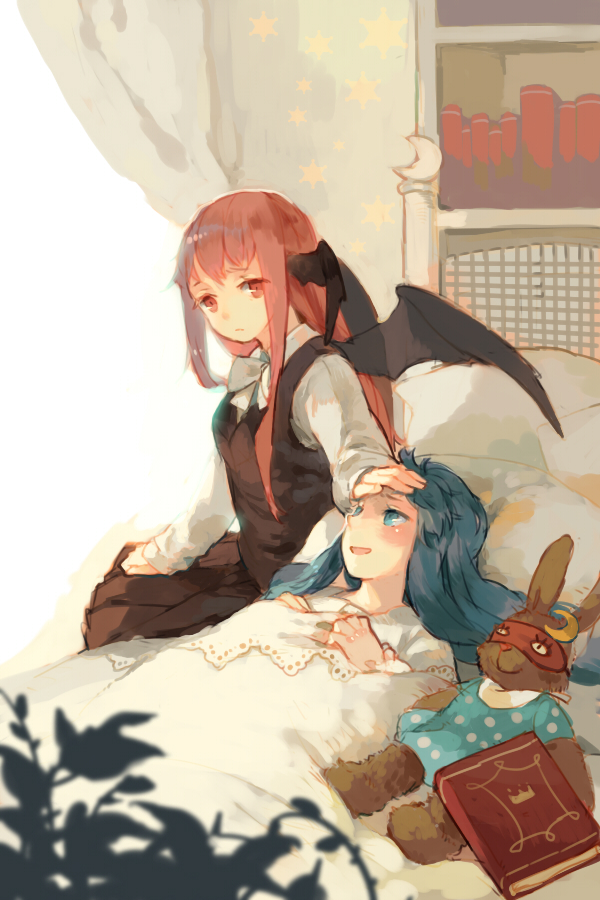 2girls bat_wings bed blue_eyes blue_hair book bookshelf crescent curtains dress frown hand_on_forehead hands_on_own_chest head_wings koakuma long_hair long_sleeves looking_at_another lying mask multiple_girls open_mouth patchouli_knowledge polka_dot polka_dot_dress red_eyes red_hair redhead sitting skirt star stuffed_animal stuffed_bunny stuffed_toy touhou under_covers vest wakatsuki_(etoiles) wings