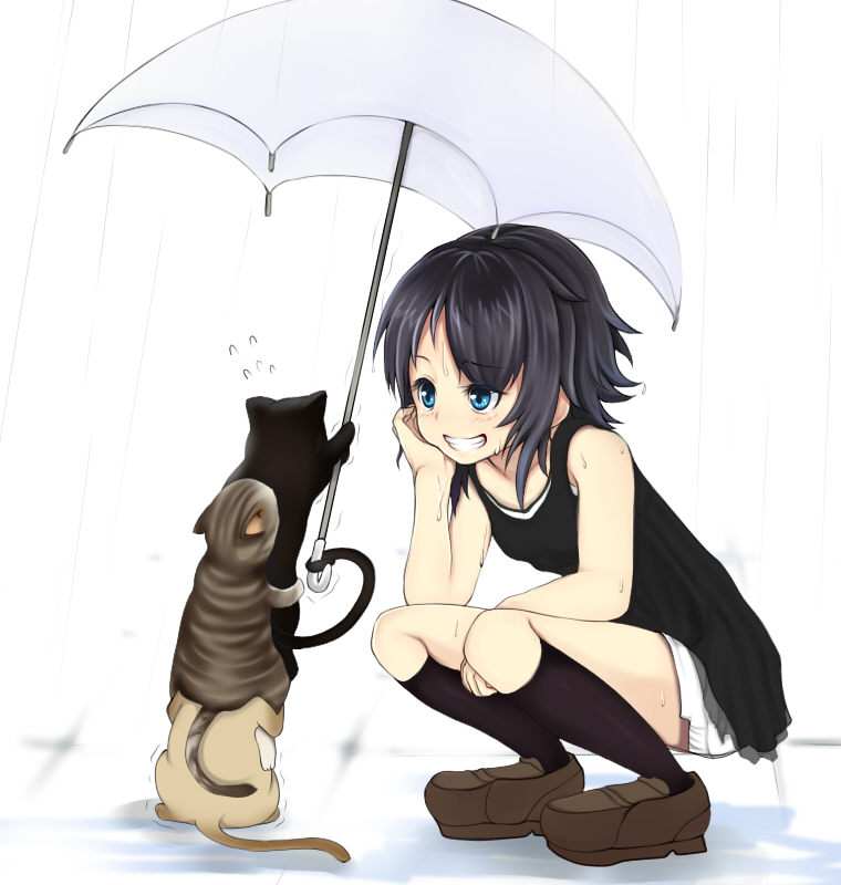 1girl bare_shoulders black_hair black_legwear cat cat_tower chin_rest female flying_sweatdrops ginji74 grin kneehighs original prehensile_tail rain short_hair smile solo squatting tail tail_hold trembling umbrella wet