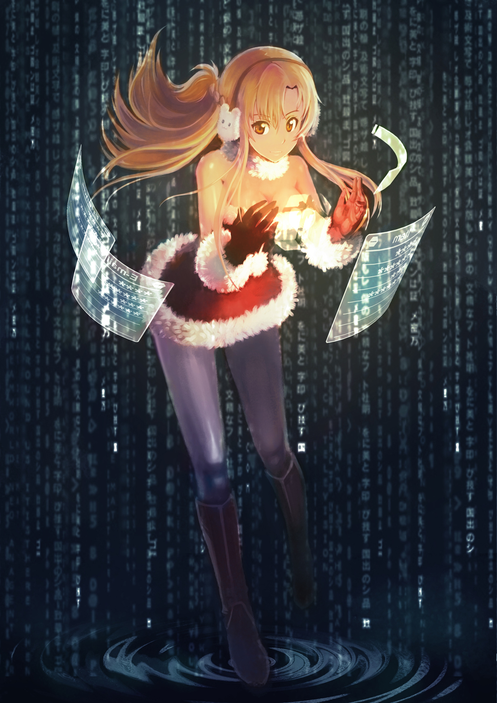 asuna_(sao) bare_shoulders boots breasts brown_eyes brown_hair christmas cleavage earmuffs floating_screen gloves highres long_hair pantyhose santa_costume smile solo sword_art_online tienao