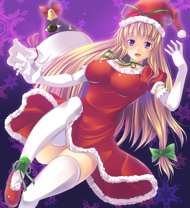 alternate_costume bag bell blonde_hair breasts christmas dress elbow_gloves erect_nipples gap gloves hair_ribbon hat impossible_clothes impossible_dress large_breasts leg_ribbon legs long_hair looking_at_viewer maki_(seventh_heaven_maxion) open_mouth puffy_sleeves purple_eyes red_dress red_shoes ribbon ribbon_choker sack santa_costume santa_hat shoes short_sleeves smile solo thigh-highs thighhighs thighs touhou tress_ribbon very_long_hair violet_eyes white_gloves white_legwear yakumo_yukari zettai_ryouiki