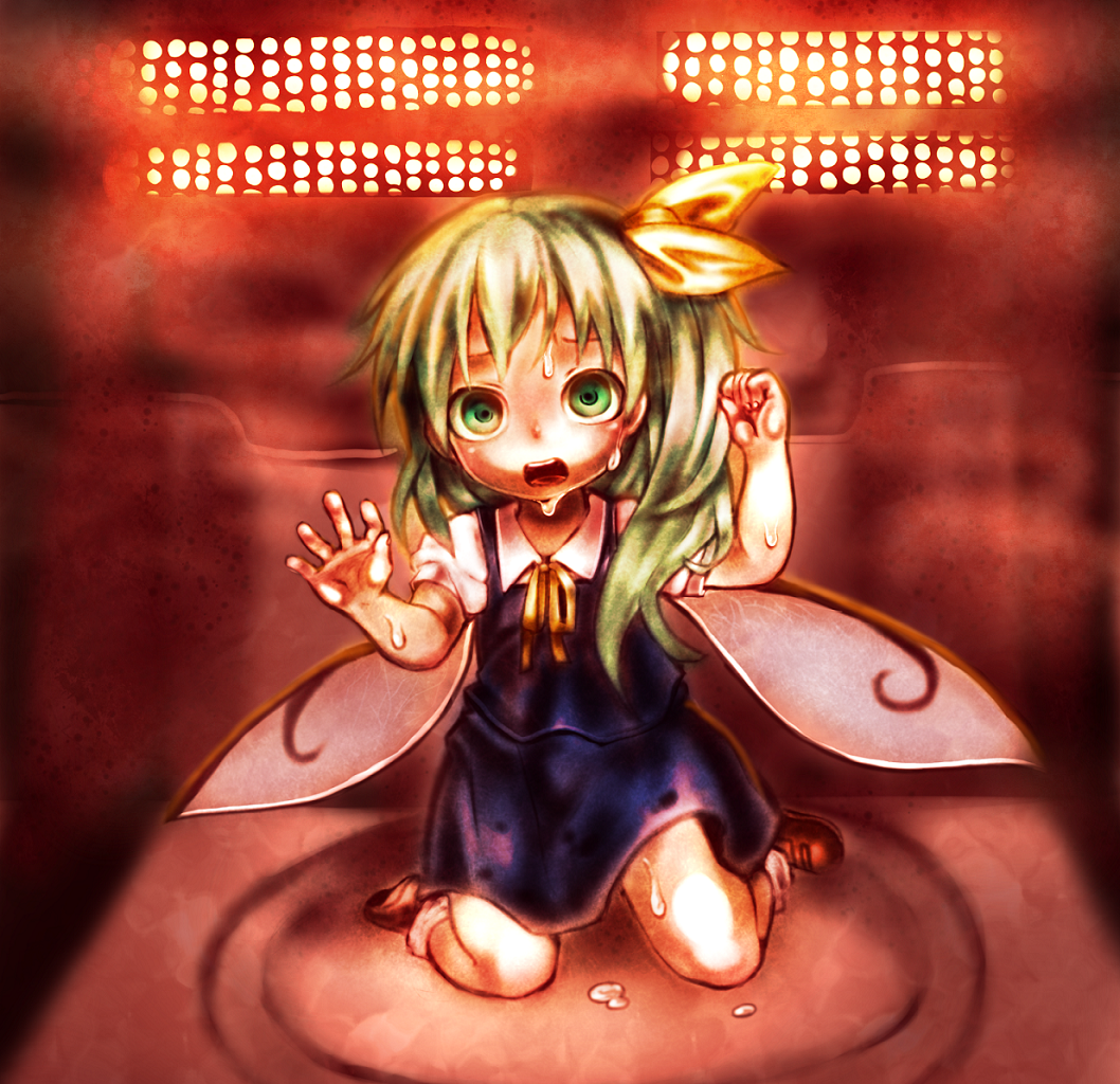 against_glass bow daiyousei dripping fairy_wings green_eyes green_hair hair_bow hands hot hutaba123 kneeling microwave open_mouth scared side_ponytail solo sweat sweating sweating_profusely torture touhou wings