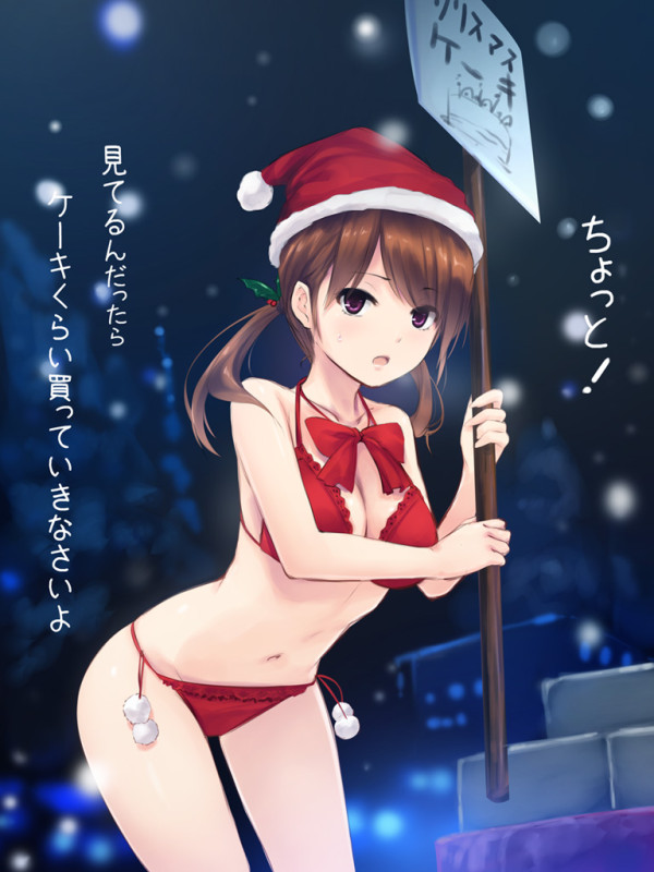 bikini blush bra breasts brown_hair cleavage coffee-kizoku copyright_request hat long_hair open_mouth original panties placard purple_eyes red_bikini red_bra red_panties santa_costume santa_hat sign solo standing swimsuit translation_request twintails underwear violet_eyes