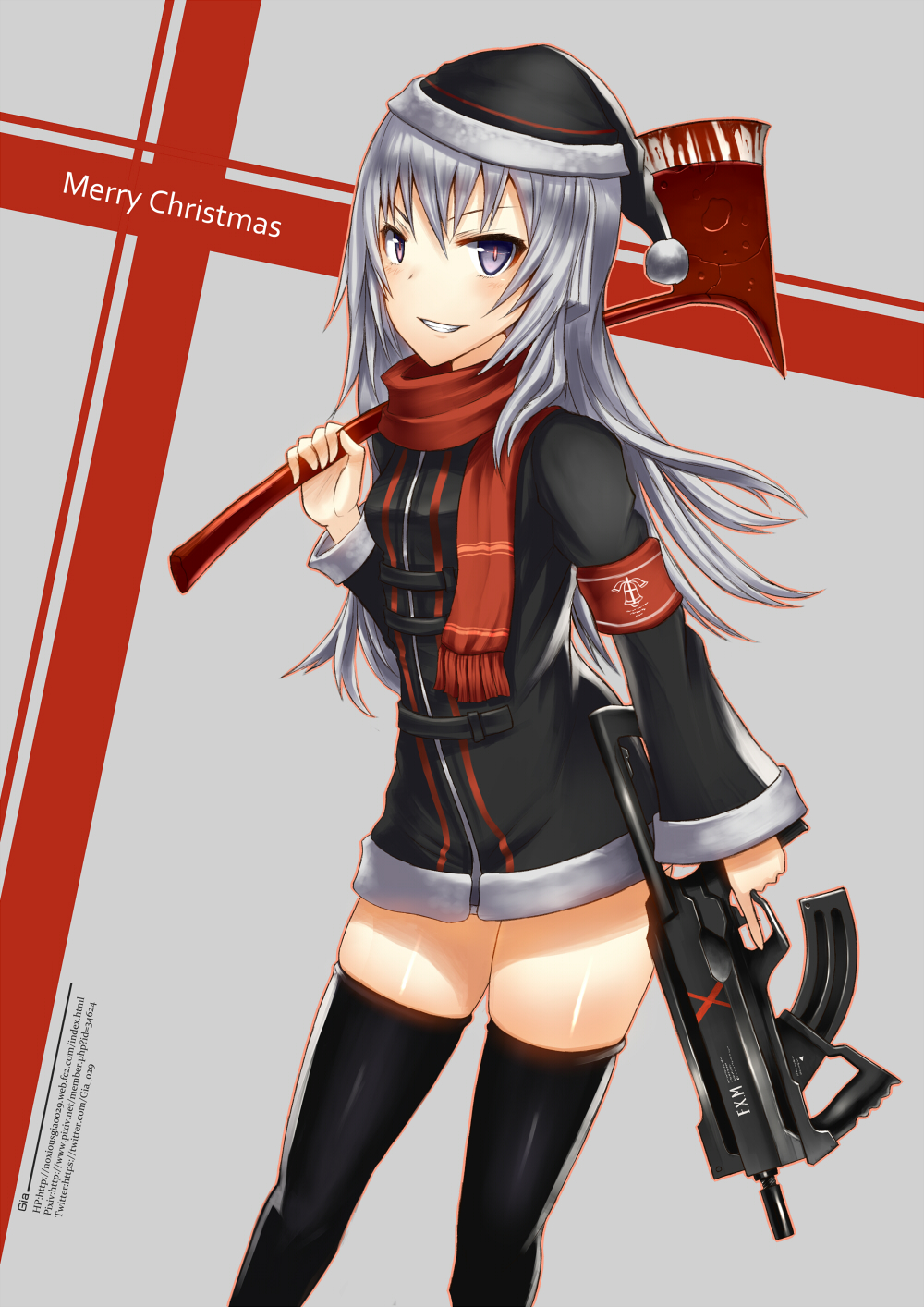 1girl armband axe bell blood blue_eyes copyright_request gia gun hat highres jacket long_hair merry_christmas original santa_hat scarf silver_hair smile solo thighhighs weapon