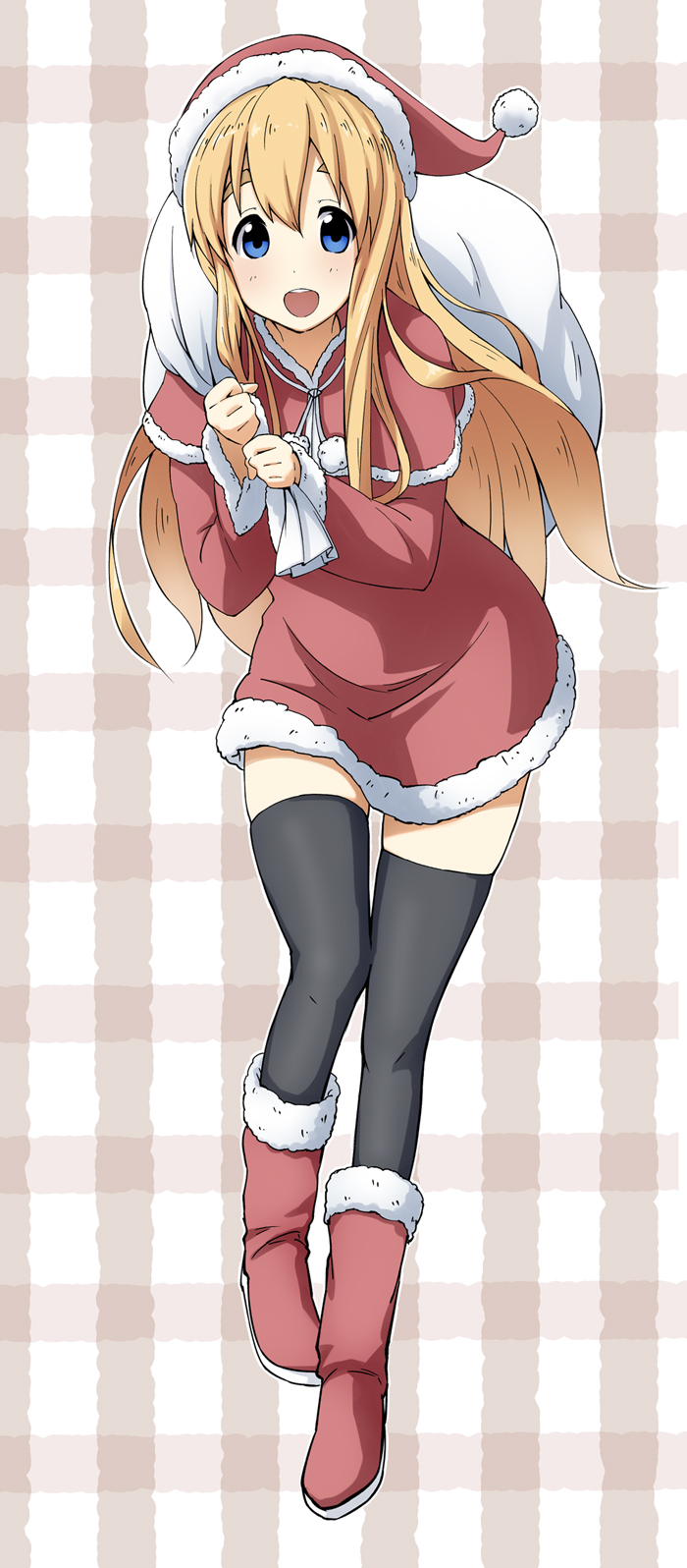 :d black_legwear blonde_hair blue_eyes boots hat highres k-on! kirigaya_yuuji kotobuki_tsumugi long_hair open_mouth sack santa_costume santa_hat smile solo thigh-highs thighhighs zettai_ryouiki