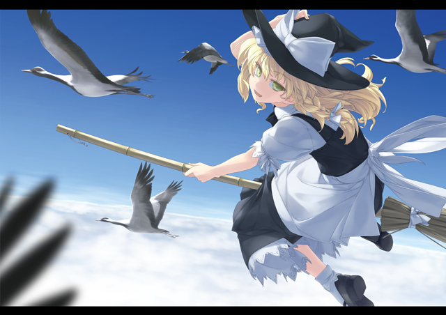 bird blonde_hair bow braid broom broom_riding cloud clouds flying hat kirisame_marisa long_hair open_mouth rokuwata_tomoe sky solo touhou witch_hat yellow_eyes