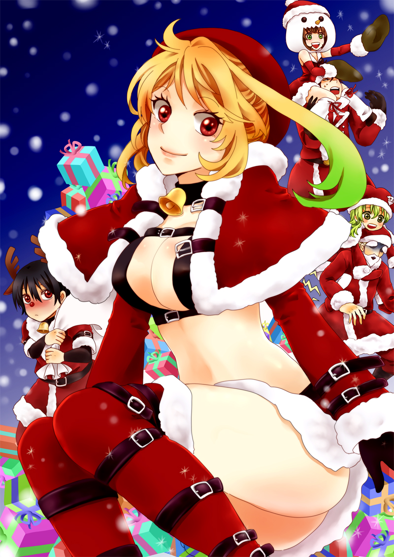 3girls alvin_(tales_of_xillia) bag bell blue_background christmas elise_lutus gift honey_(sango211) jude_mathis leia_roland milla_maxwell multiple_boys multiple_girls red_nose rowen_j._ilbert santa_costume snow tales_of_(series) tales_of_xillia