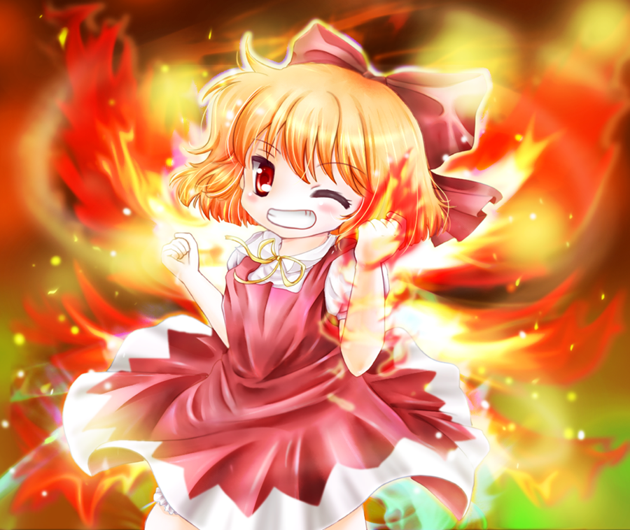 achi_cirno alternate_color alternate_element cirno clenched_hands clenched_teeth dress light_particles looking_at_viewer orange_hair red_eyes ribbon solo touhou tsukiori_sasa wink